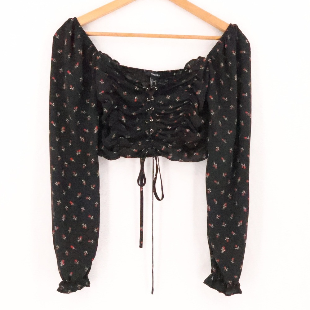 Forever 21 Floral Lace Up Milkmaid Crop Top Womens Size S Black Rose Dark Fairy